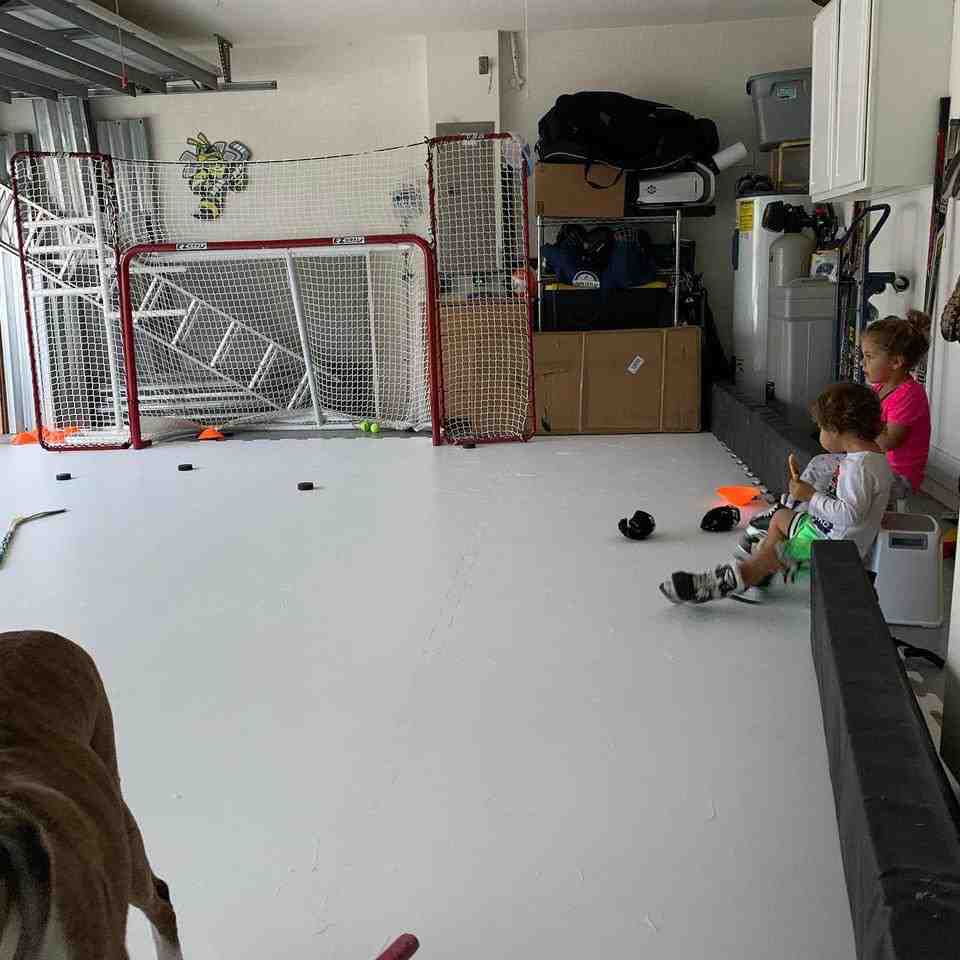 2-car garage synthetic ice rink for hockey practice and fun