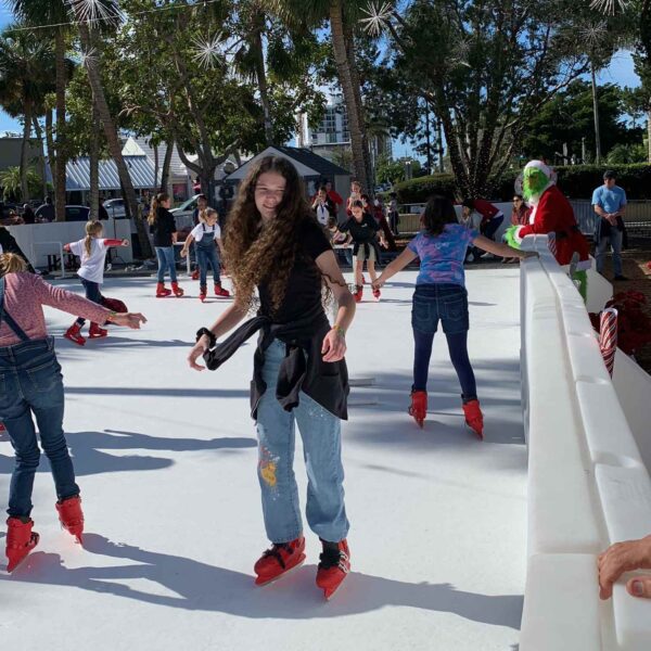 Super-Glide synthetic ice skating rink at Winter Spectacular on St. Armands Circle, rental ice skates